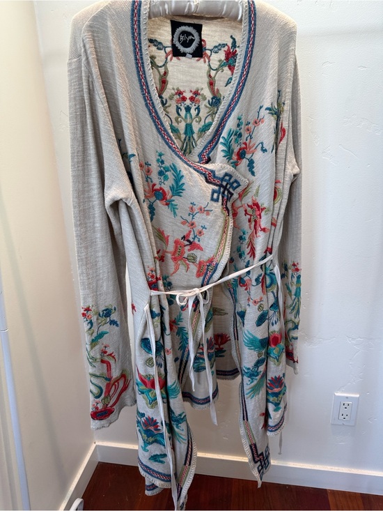 Johnny Was Sweaters - Johnny Was Cream Wrap Cardigan with Teal, Coral & Navy Embroidery